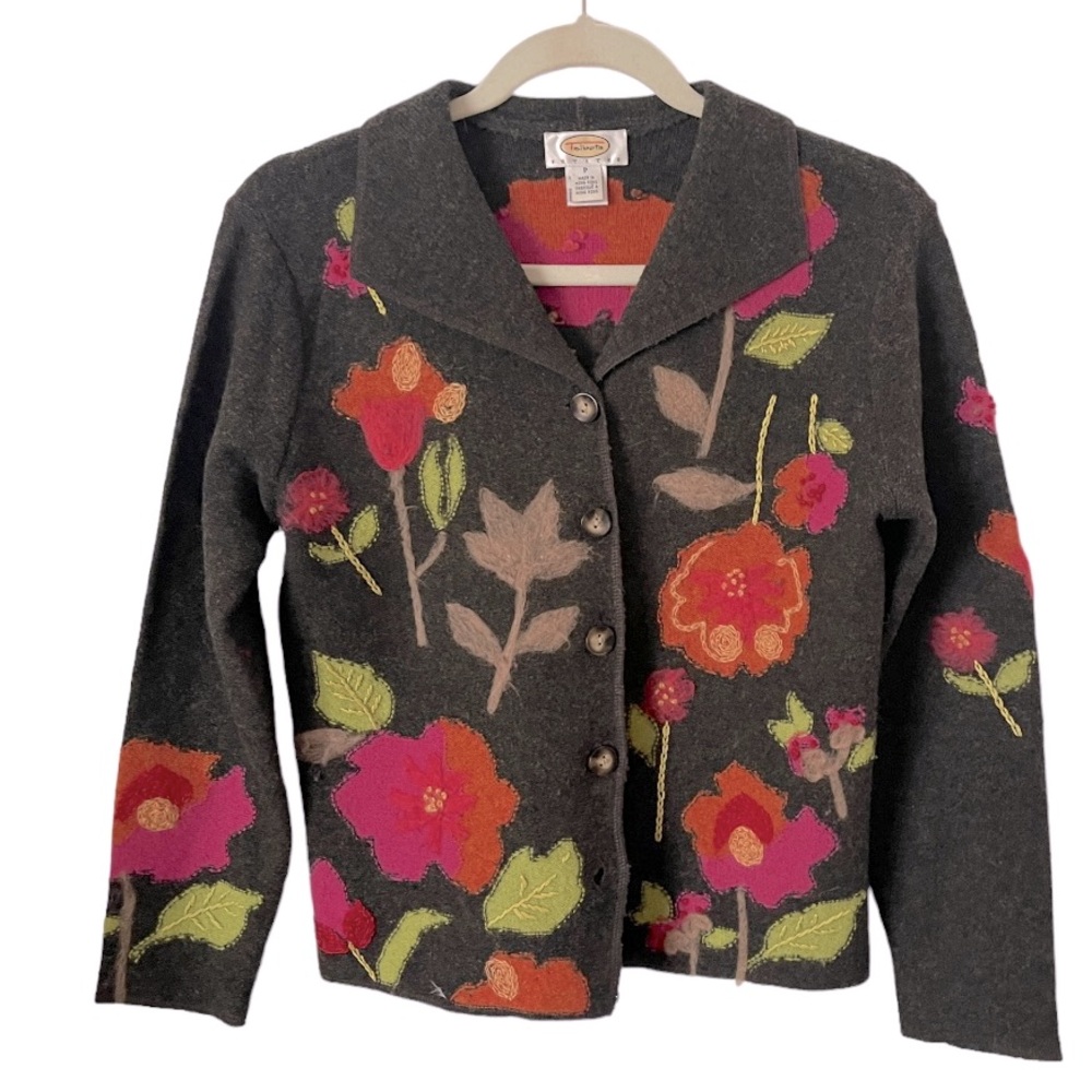 Talbots Vintage 100% Lambswool Button Front Floral Knit Cardigan P
